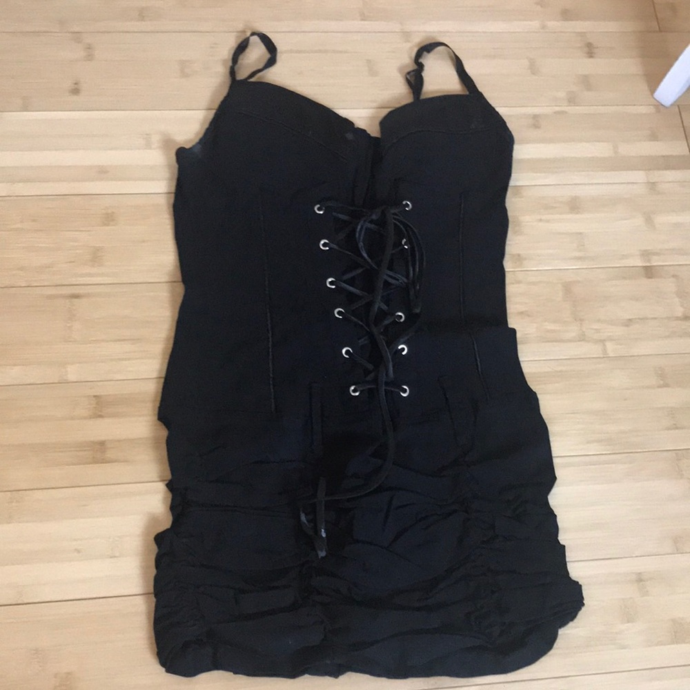 San Julian Goth Ruched Lace-Up Black Mini Dress